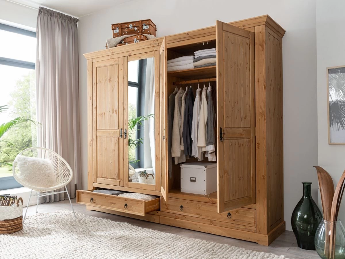 Livingruhm Kleiderschrank Kiefer Massiv Montan Eichefarbig 4 Türig Mit Spiegel 4 Livingruhm Kleiderschrank Kiefer Massiv Montan Eichefarbig 4 Türig Mit Spiegel – Bild 2