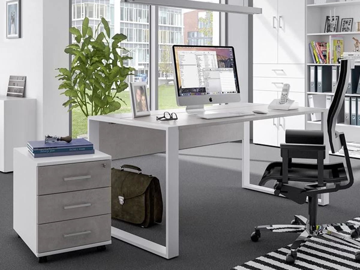 Schreibtischset 150 Cm + Rollcontainer Direct Dekor Beton Mit Kufenfuß 3 Schreibtischset 150 Cm + Rollcontainer Direct Dekor Beton Mit Kufenfuß